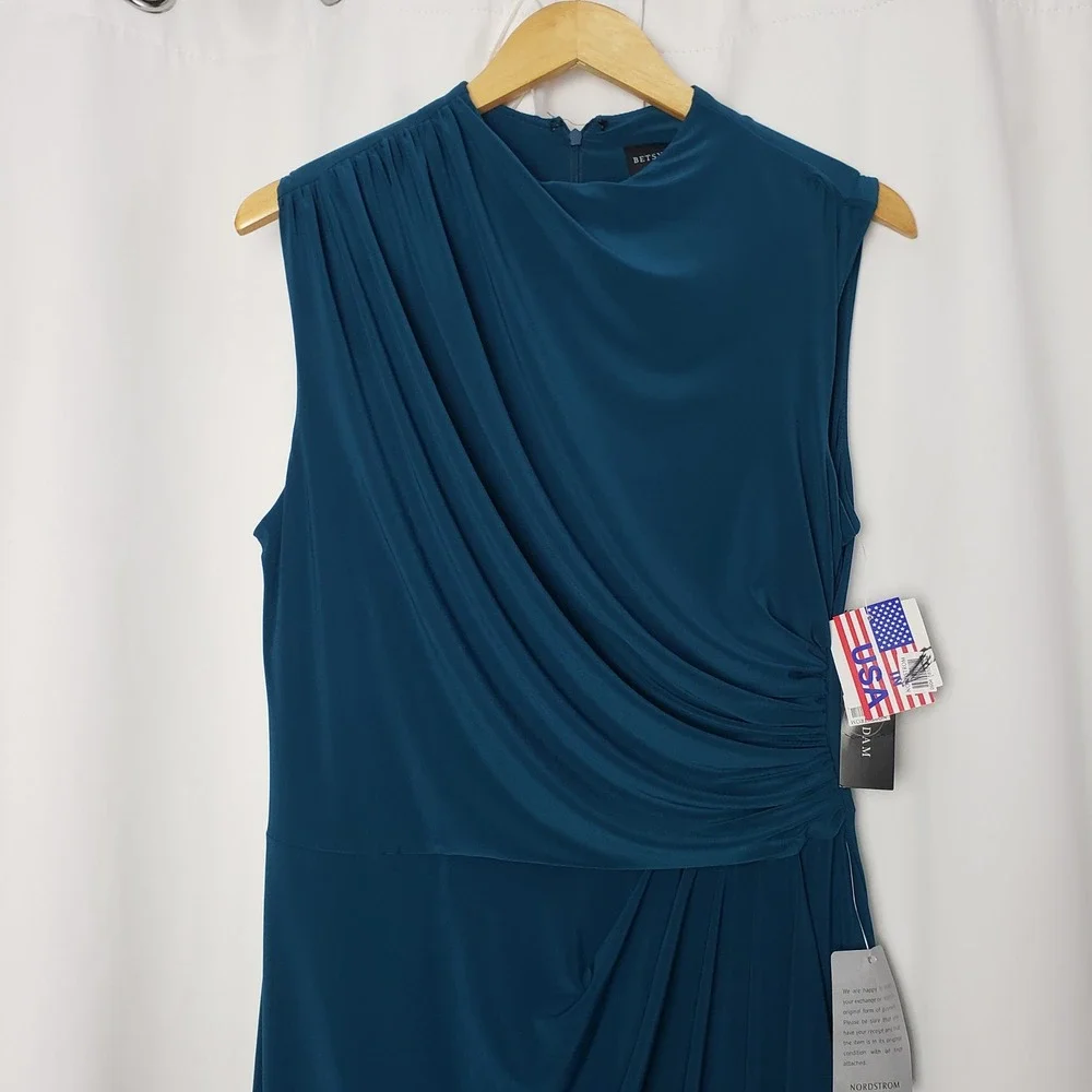 Betsy & Adam Dress Size 12 Mallard Teal Ruched Mock Neck Draped Maxi Gown - Picture 5 of 11